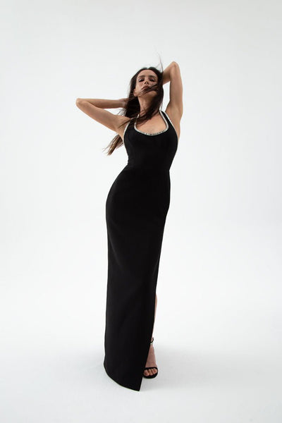 Crystal embellished crepe maxi dress with a slit black 7X010 – RASARIO