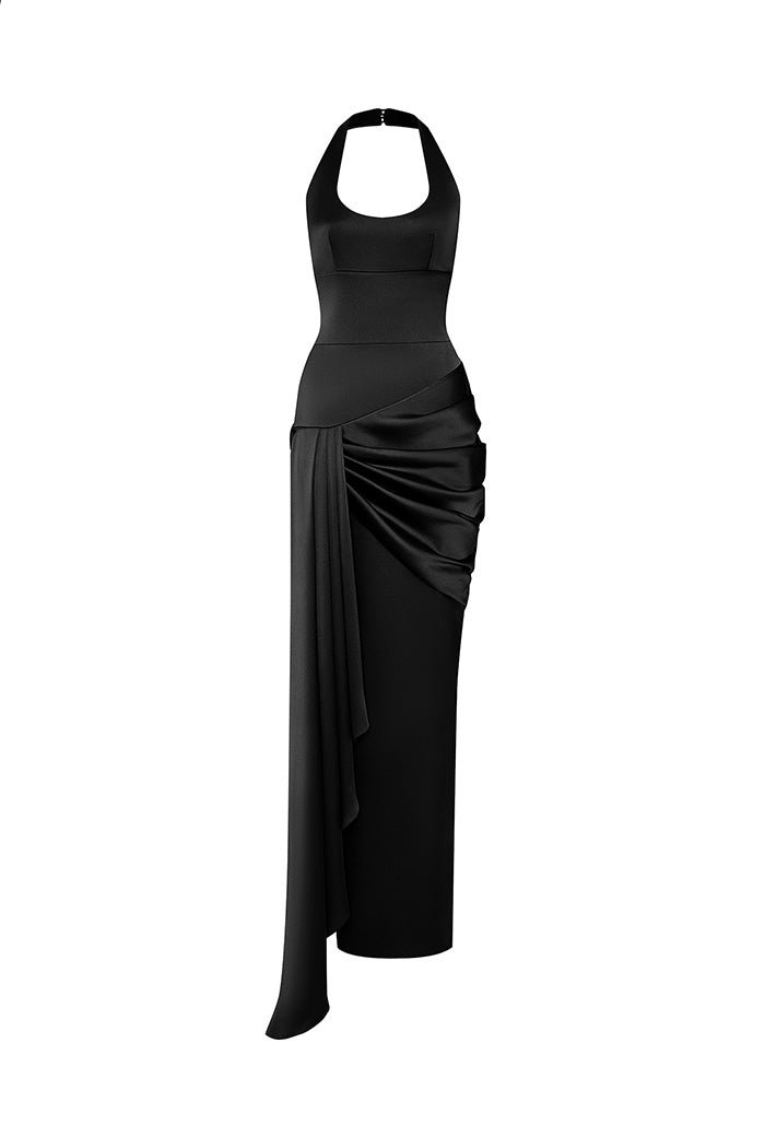 Satin maxi dress with a train black 7X010 – RASARIO