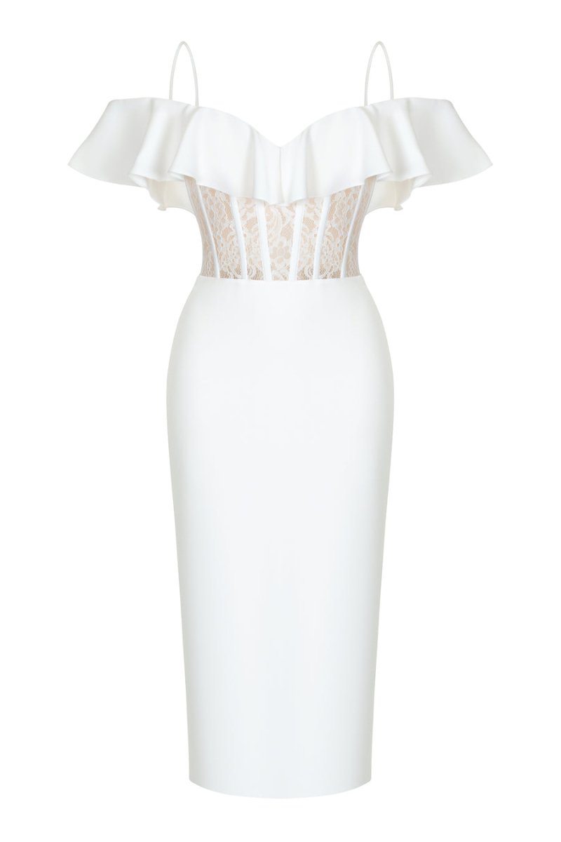OFF-THE-SHOULDER CREPE AND LACE CORSET MIDI DRESS – Rasario