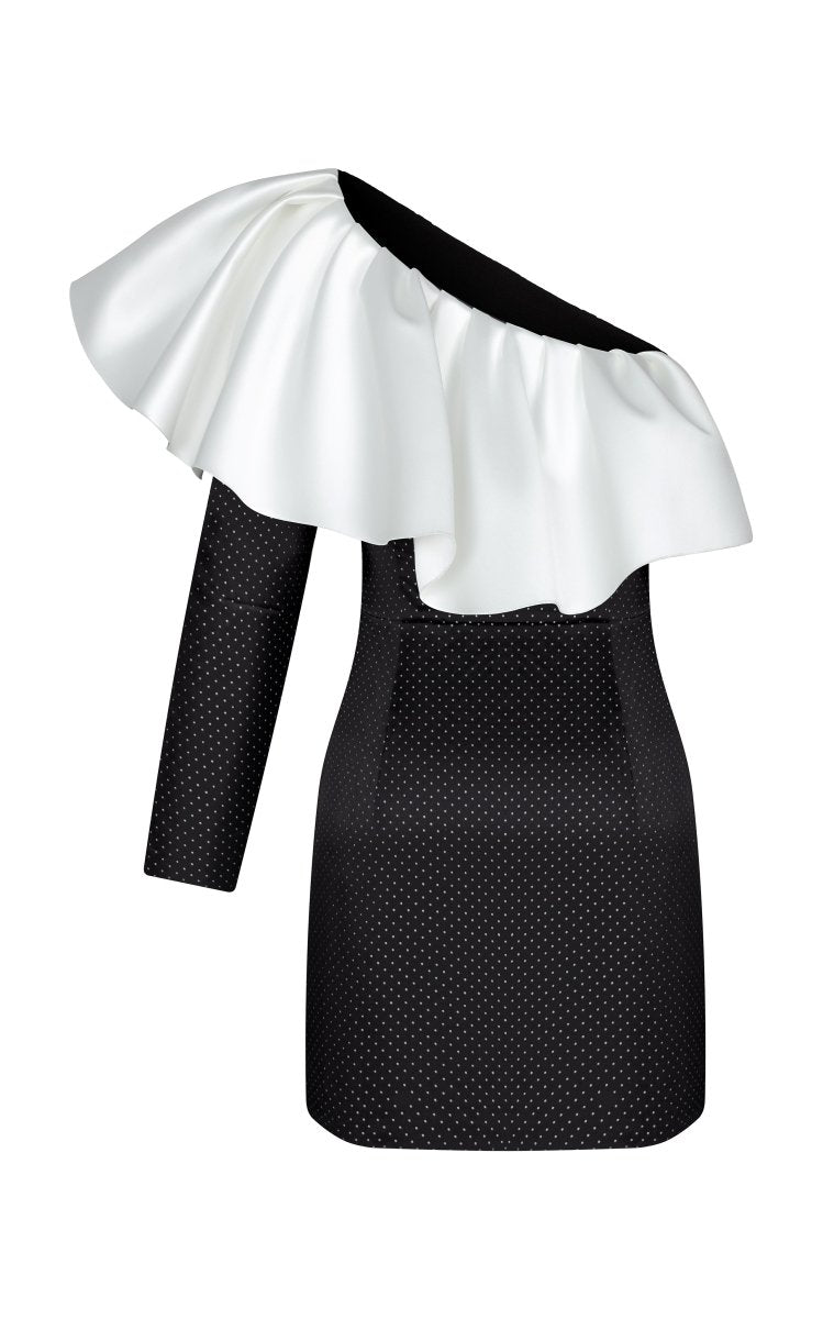 Silk organza and satin ruffled mini dress with one sleeve – Rasario