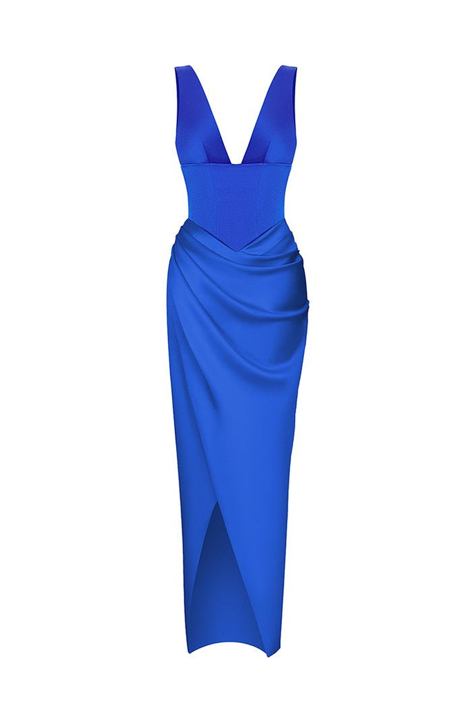 Satin long midi dress with a draped skirt blue 6M070 – RASARIO