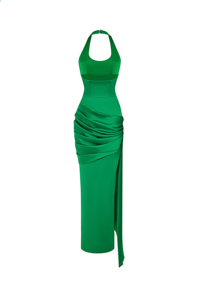 Satin maxi dress with a train