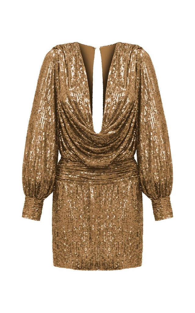 Draped Sequined Mini Dress with Long Sleeves 42 (FR) / Gold