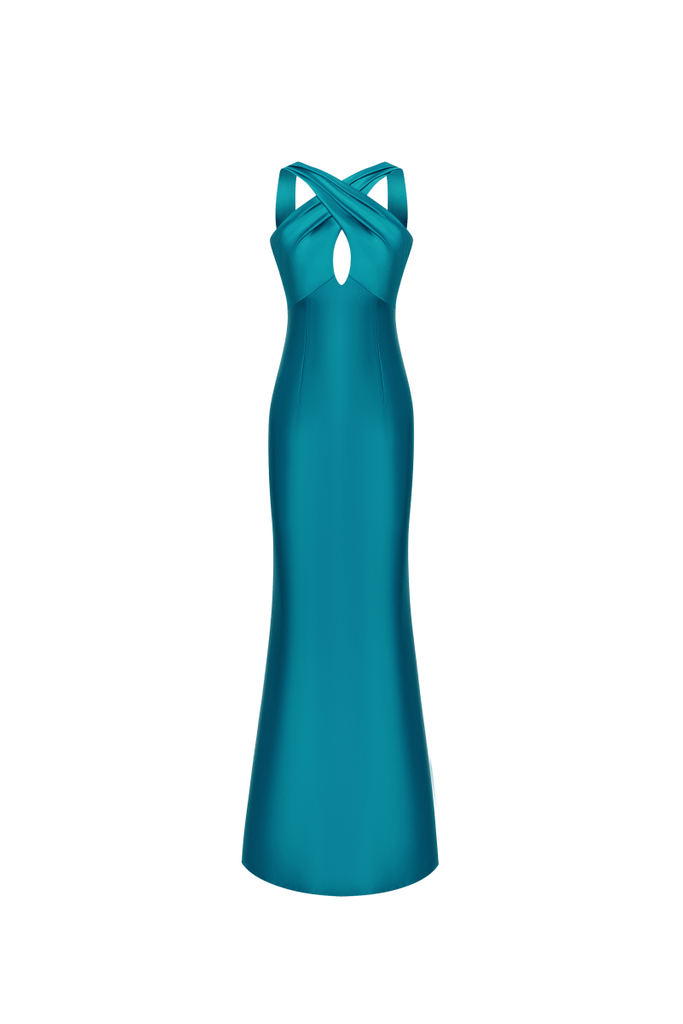 Open-back satin maxi dress with halterneck