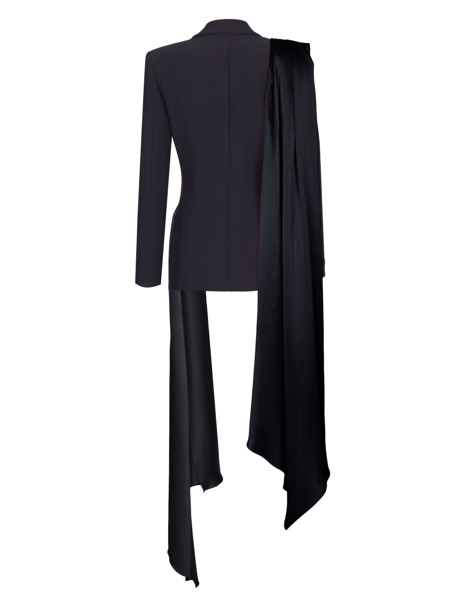 Single-breasted draped crepe and satin blazer with train