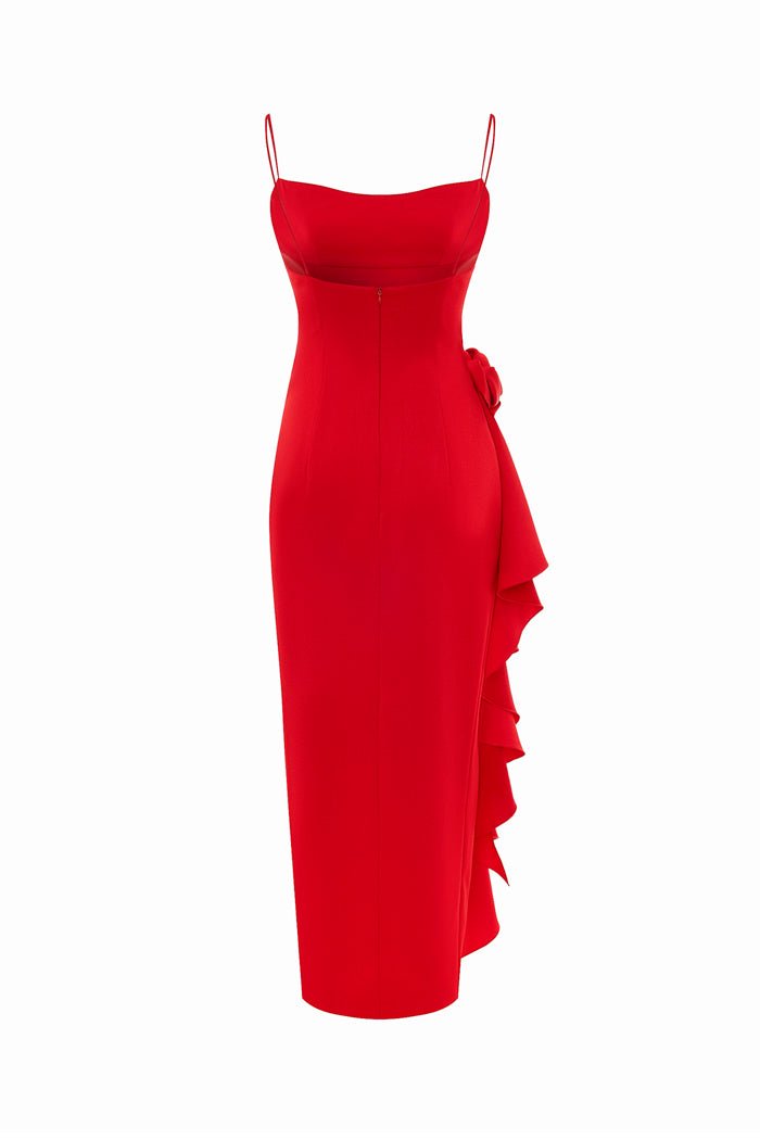 Flower embellished draped satin midi dress red 7D030 – RASARIO