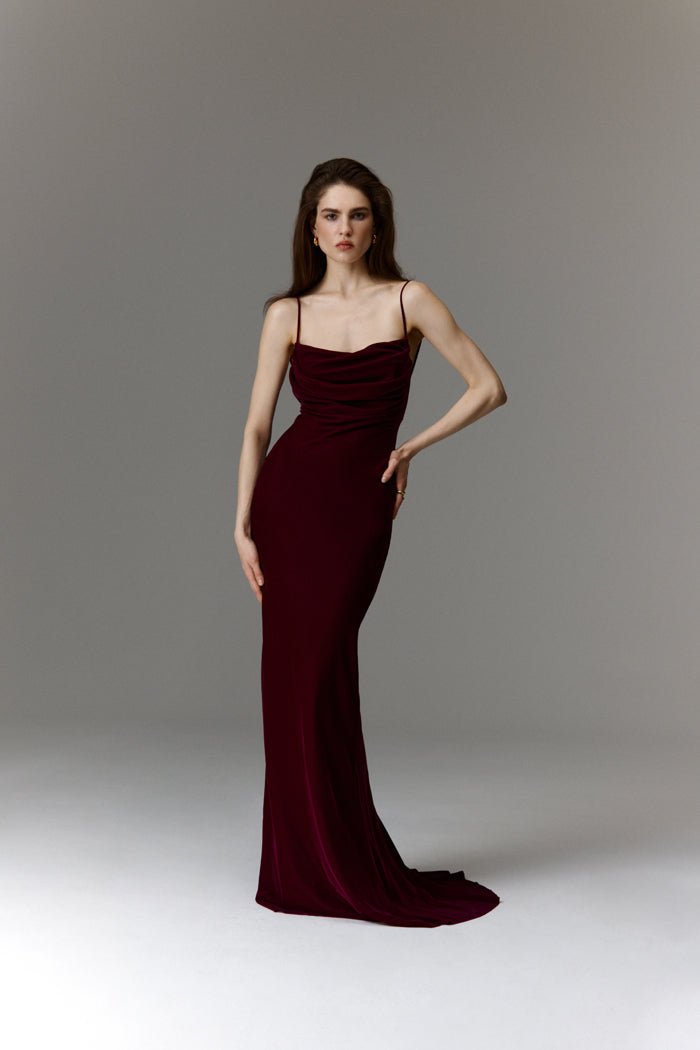 Velvet draped maxi dress with an opened back plum 1X870 – RASARIO