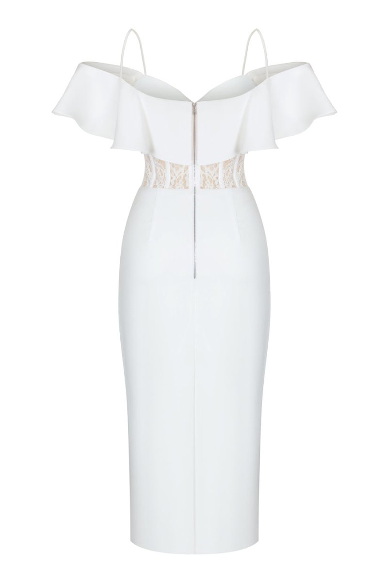 OFF-THE-SHOULDER CREPE AND LACE CORSET MIDI DRESS – Rasario