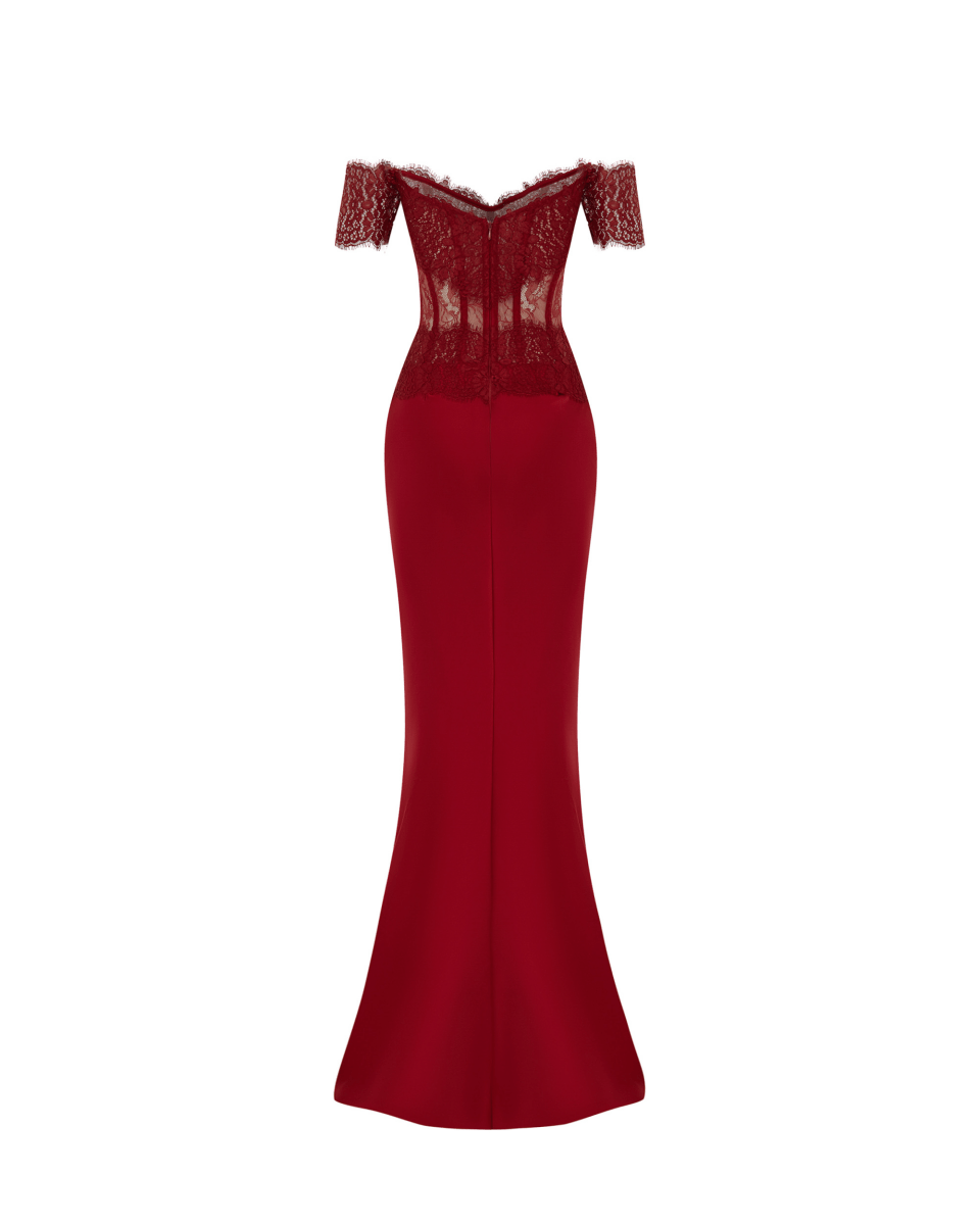 Lace and satin corset maxi dress burgundy 8X130 – RASARIO Lace and satin corset maxi dress burgundy 8X130 – RASARIO